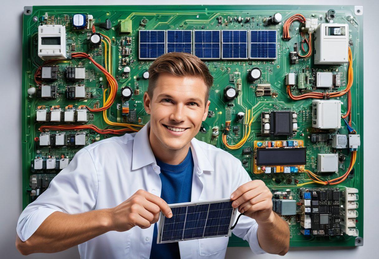 A skilled licensed electrician confidently working on a colorful circuit board, surrounded by eco-friendly symbols like leaves and solar panels, showcasing the harmony between technology and sustainability. There are soft, glowing lights representing a joyful electricity experience, with a bright and inviting background. super-realistic. vibrant colors. white background.
