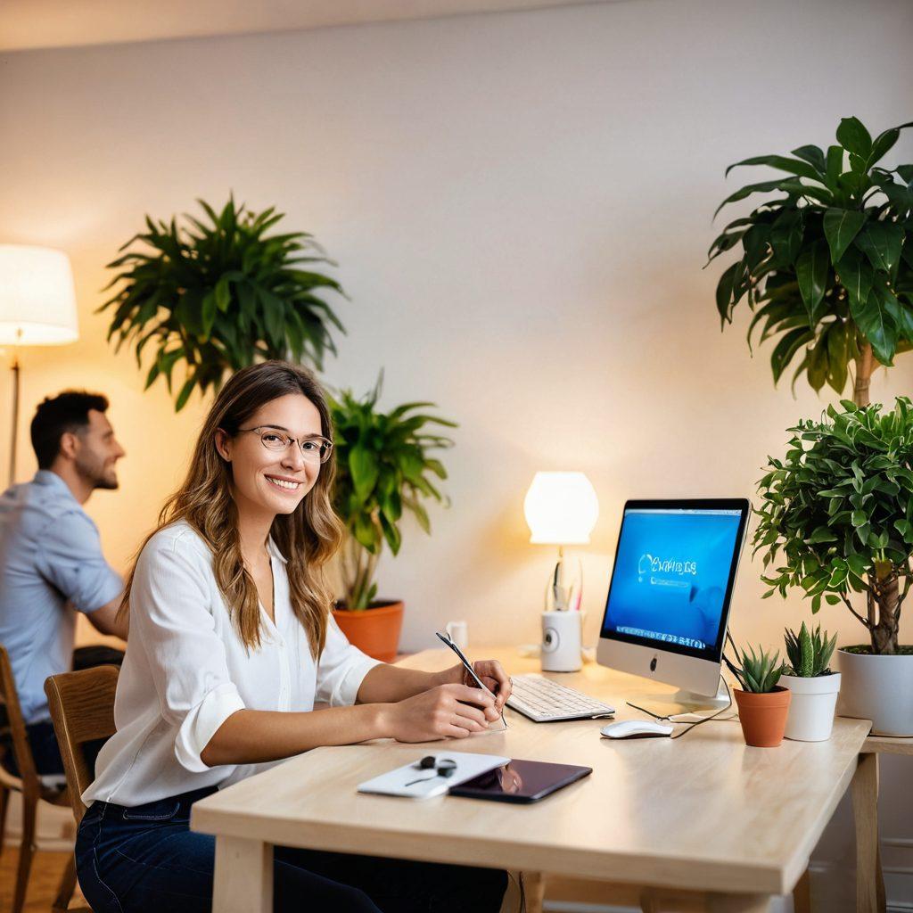A bright and inviting home office with warm, natural lighting showcasing efficient electrical solutions like LED lights and smart home devices. In the foreground, a friendly electrician is actively demonstrating a new gadget to a happy family. In the background, a cozy living room features stylish electrical outlets and vibrant indoor plants, symbolizing the harmony between technology and comfort. super-realistic. vibrant colors. soft focus.